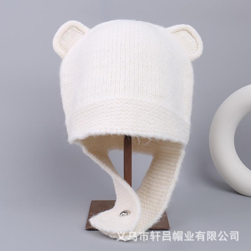 Popular autumn and winter cute bear hat warm and windproof knitted ear hat outdoor versatile and cold-proof wool bald hat