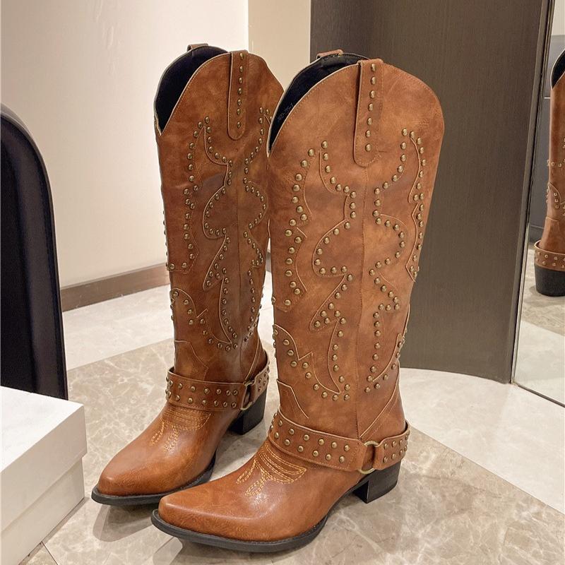 

High Heel Rivet Tall Boots Women s Design Sense Block Heel Skinny Motorcycle Boots Vintage Western Cowboy Boots 35