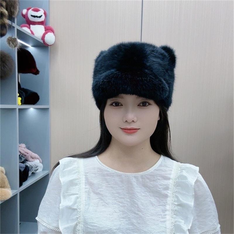 Real rabbit fur hat cat ear round top for shopping thick genuine rabbit fur warm women winter and autumn baseball cap