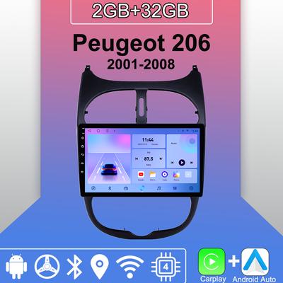 Autoradio Android Carplay pour Peugeot 206 2001-2008 Lecteur multimédia Unité principale Stéréo Navigation GPS BT WIFI 2 + 32 Go