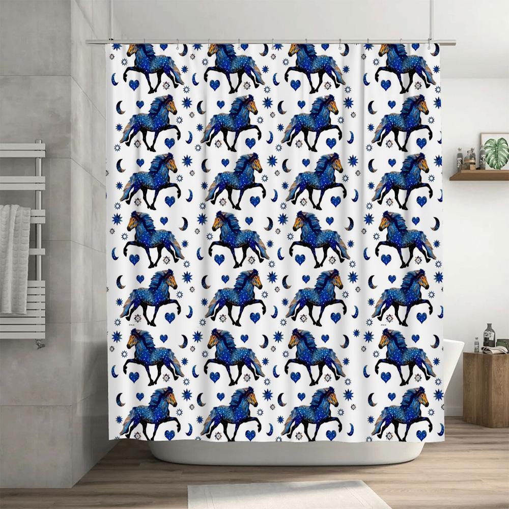 Blue Floral Horse Shower Curtain Set Decorative Waterproof Bath Mat Bathroom Accessories White Blue Pattern Design (180 x 240cm)