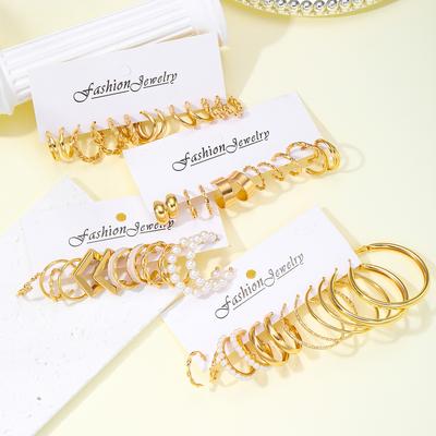 24Pairs/set Fashion Geometric Dripping Oil White Edges Earring Set Simple Silver Earrings for Women Jewelry Accessories