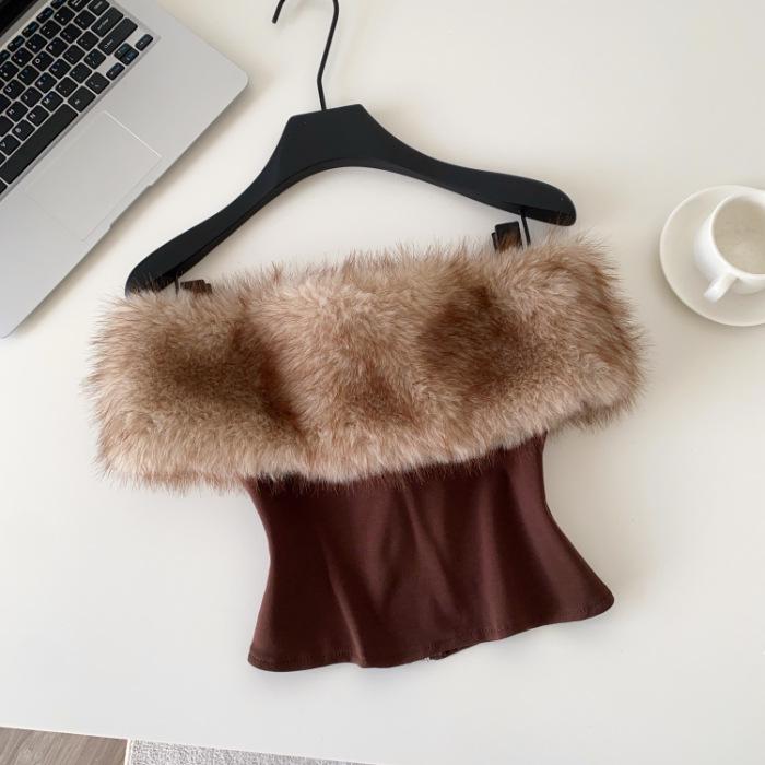 Women s Off-the-Shoulder Fuzzy Patchwork Camisole: Sexy Autumn/Winter Base Layer Top Small коричневый