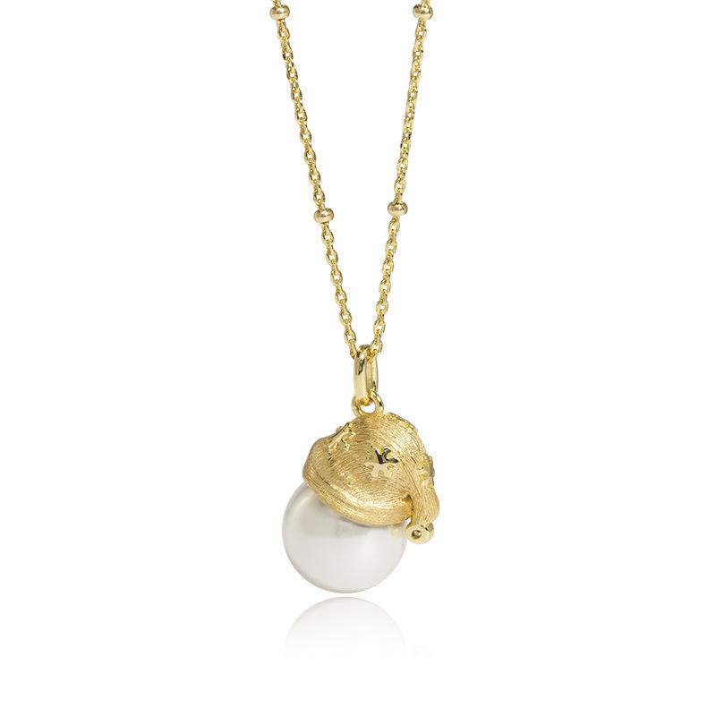 

Sterling Silver Pearl Necklace with Gold-Plated Christmas Hat Pendant - Elegant and Stylish. 925 Sterling Silver