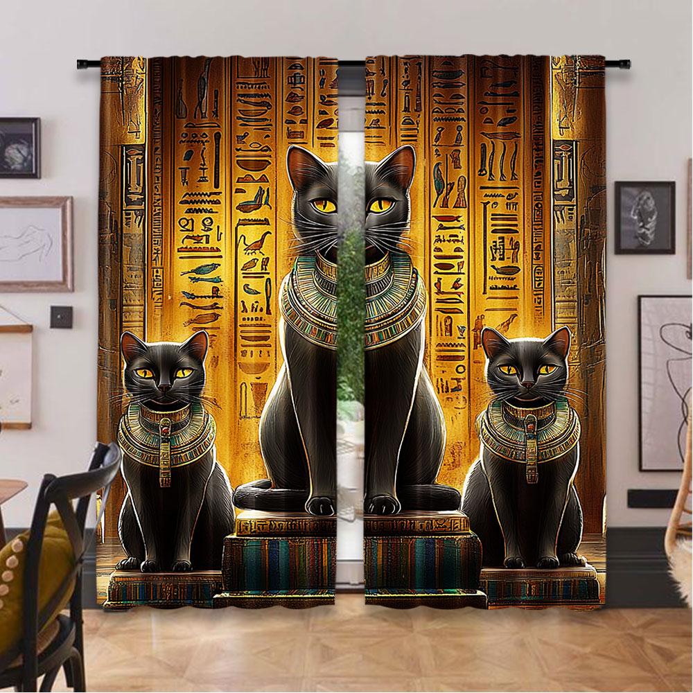 2Pcs Egyptian Mysterious Black Cats Print Curtain Room Decor Versatile Room Use Suitable For Living Room Dining Room Bedroom