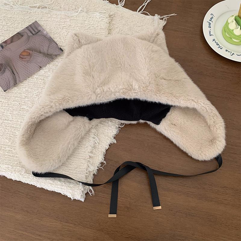 Cute Cat Ears Plush Hat for Women In Autumn and Winter White Thickened Cold Proof and Warm Big Head Circumference Ear Protecting Lei Feng Hat