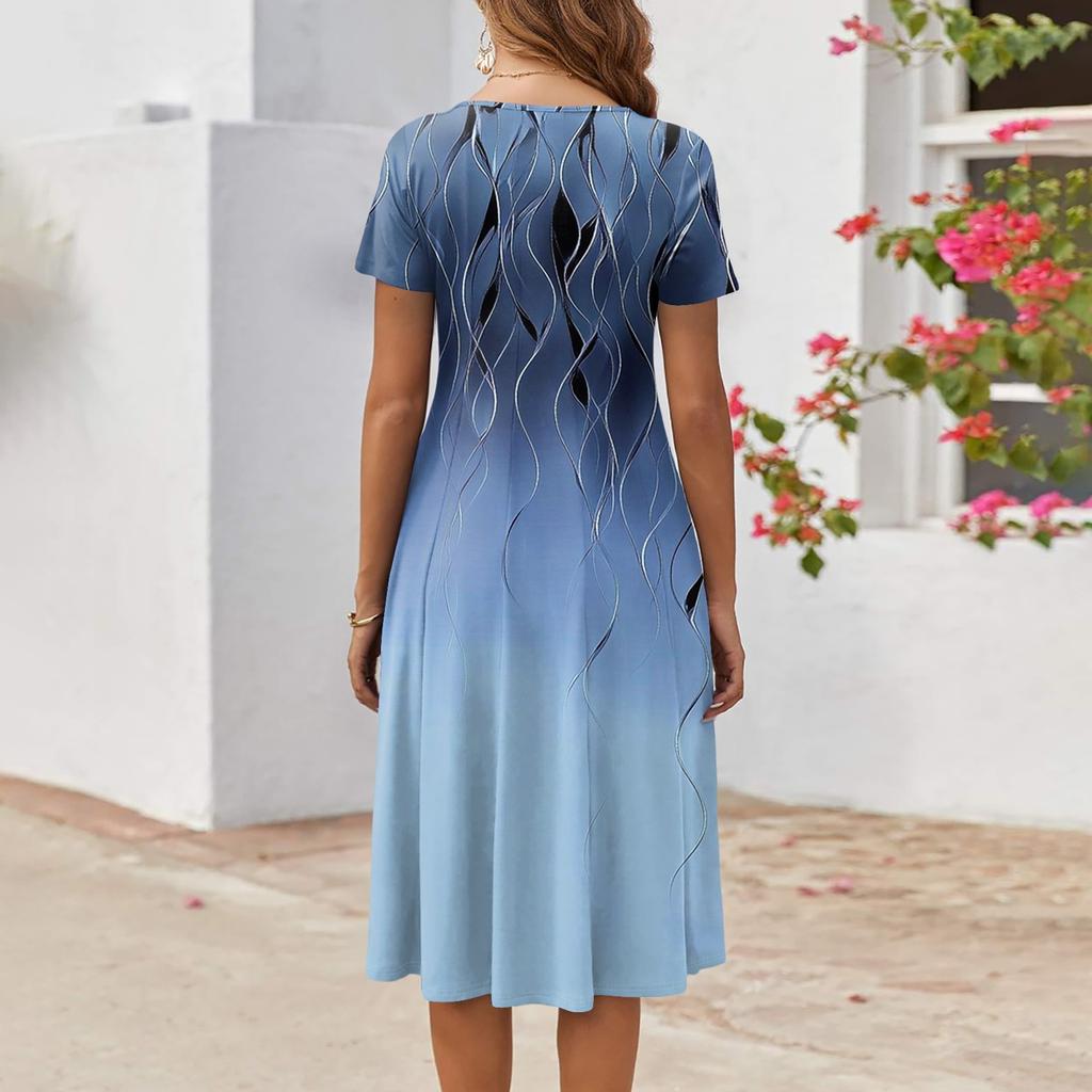 Women's Casual Fashion Round Neck Short Sleeve Print Midi Dress