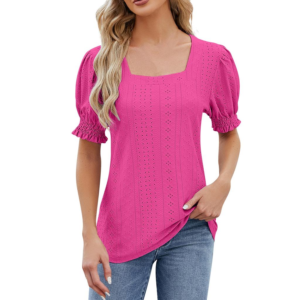 Damen Kurzarm Einfarbig Mode Eckiger Ausschnitt Puffärmel Locker T-Shirt Top