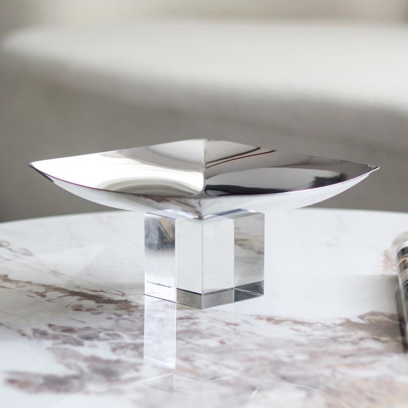 Minimalist Metal Square Fruit Bowl with Crystal Base for Dining or Coffee Tables