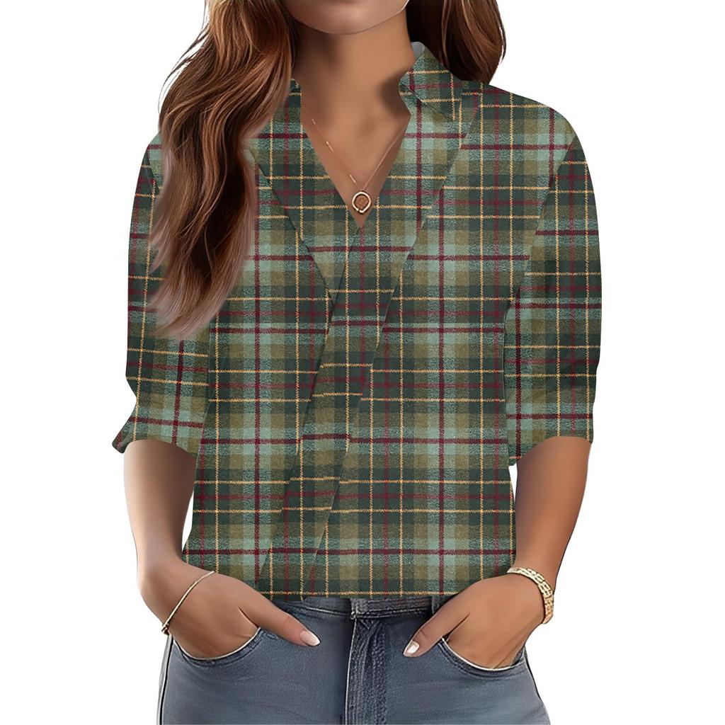 3/4-Ärmel Damenoberteile V-Ausschnitt Shirts Trendy Bedruckte Business Casual Arbeitsblusen