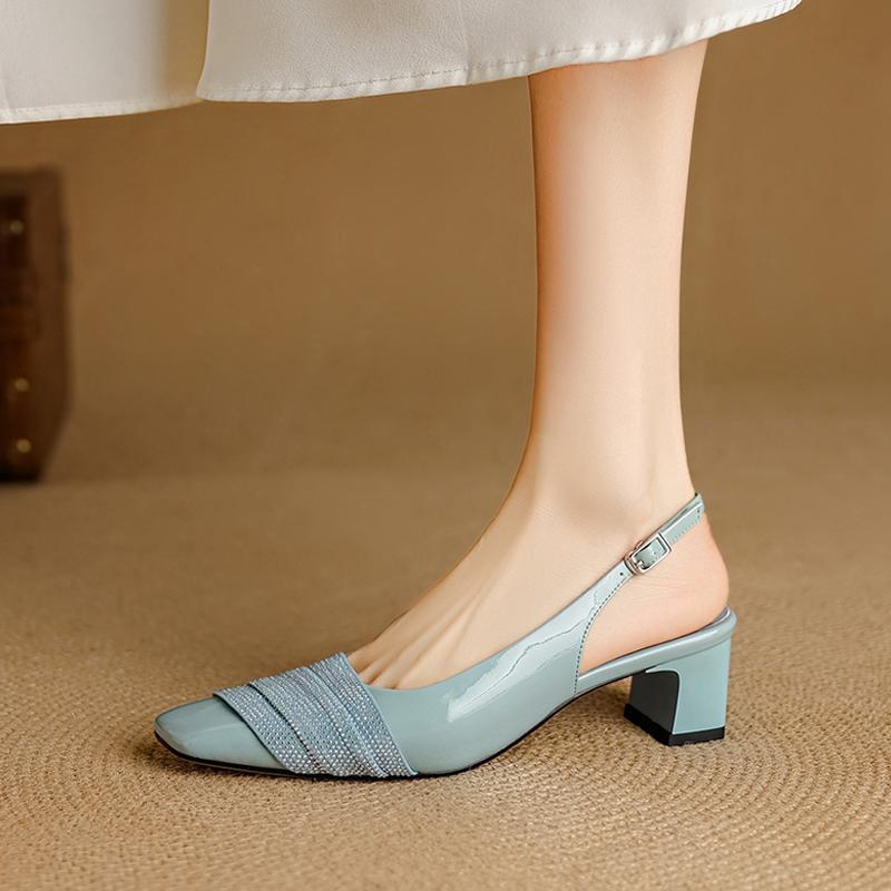 Fashion Women's New Spring and Summer Genuine Leather Sheepskin Rhinestone High-heeled Shoes with Loose Buckle Toe and Mueller Sandals