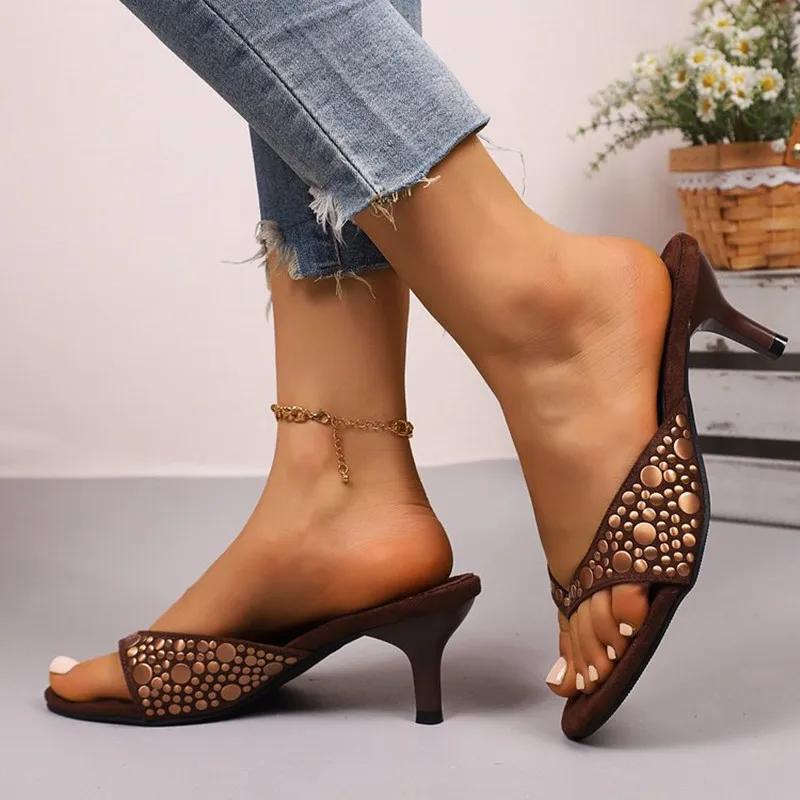 Fashion 2025 New Retro Rivet Suede Stiletto Fashion Herringbone Sandals and Slippers Women's Feet All-match High-heeled Women's Shoes