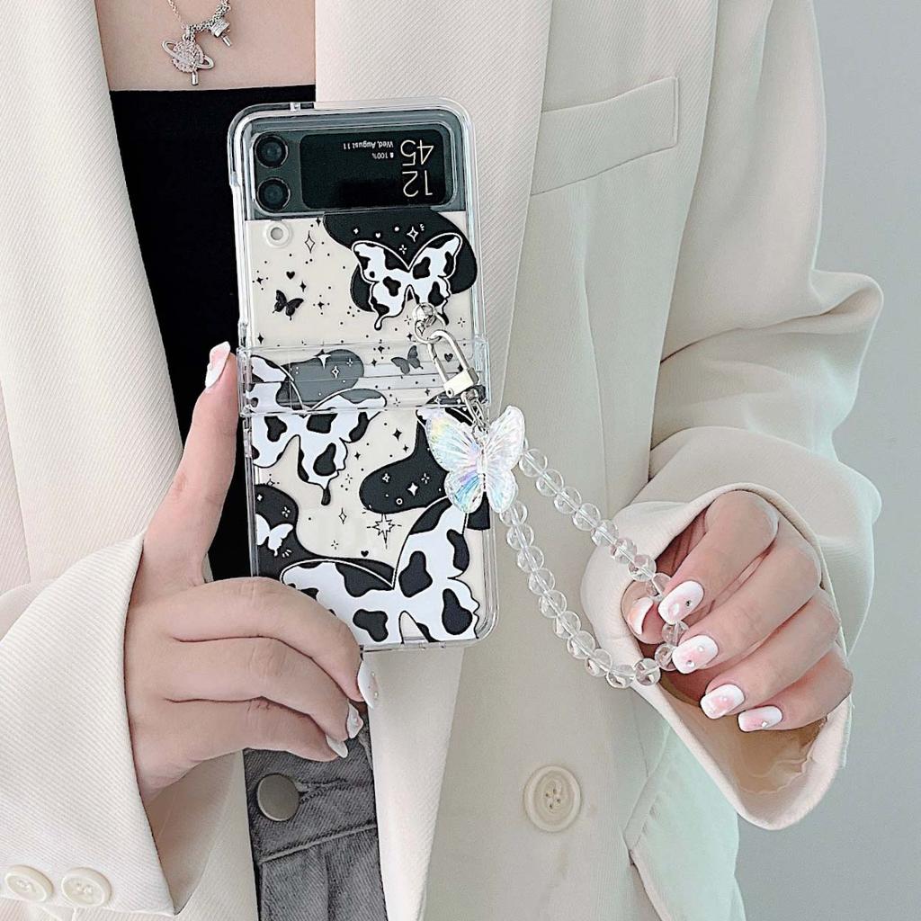 Ins Butterfly Cow 3d Bracelet Cute Cartoon Clear Couple Phone Case For Samsung Galaxy Flip3 Flip4 Z Flip 3 4 5g Back Cover Capa