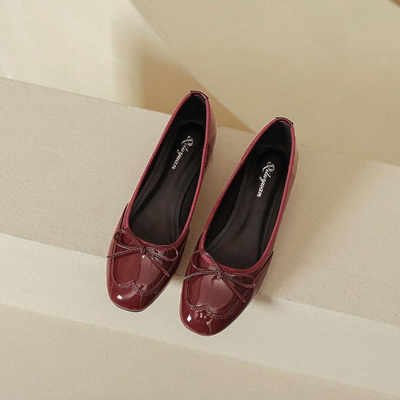 Low-heeled single shoes, light-mouth red bow, spring and autumn new models, not tired, high-heeled shoes, thick heel.
