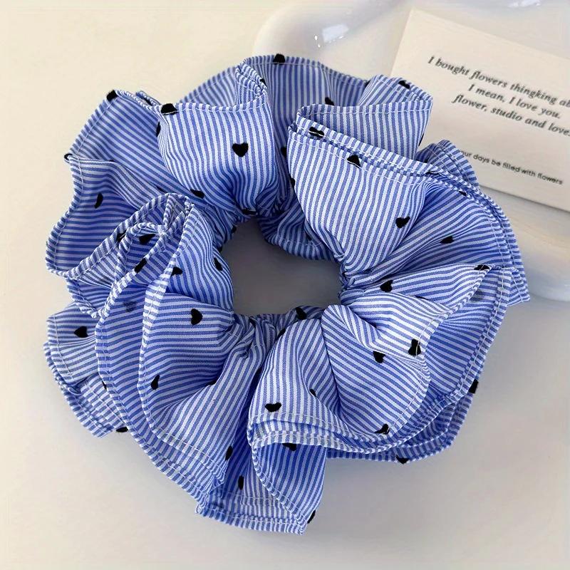 Blue Striped Love Heart Four-Layer Ruffled Large Intestine Hair, Bun Headband Elastic Hairband with Low Ponytail Hair Rope