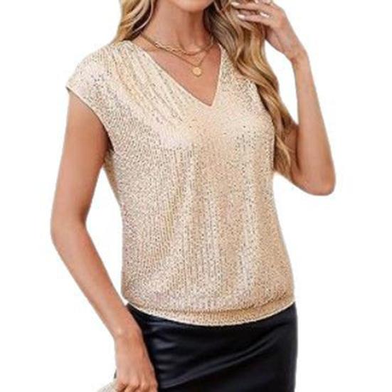Dame T-skjorte V-hals Ermeløs Glitter Paljett T-skjorte Ensfarget Løs Passform Pullover Topper Hverdagsklær