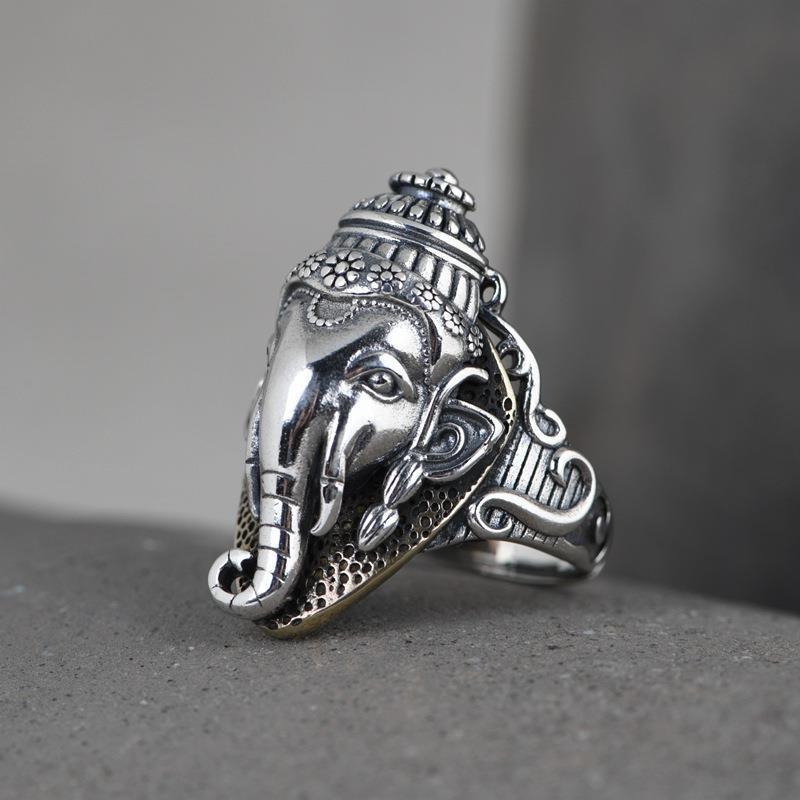 Adjustable Ganesha Ring Men Women Vintage Boho Statement Finger Copper Electroplated Geometric Animal Design Adjustable Open Band
