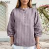 ZANZEA Women Casual Stand Collar Loose 3/4 Sleeve Stripe Blouse