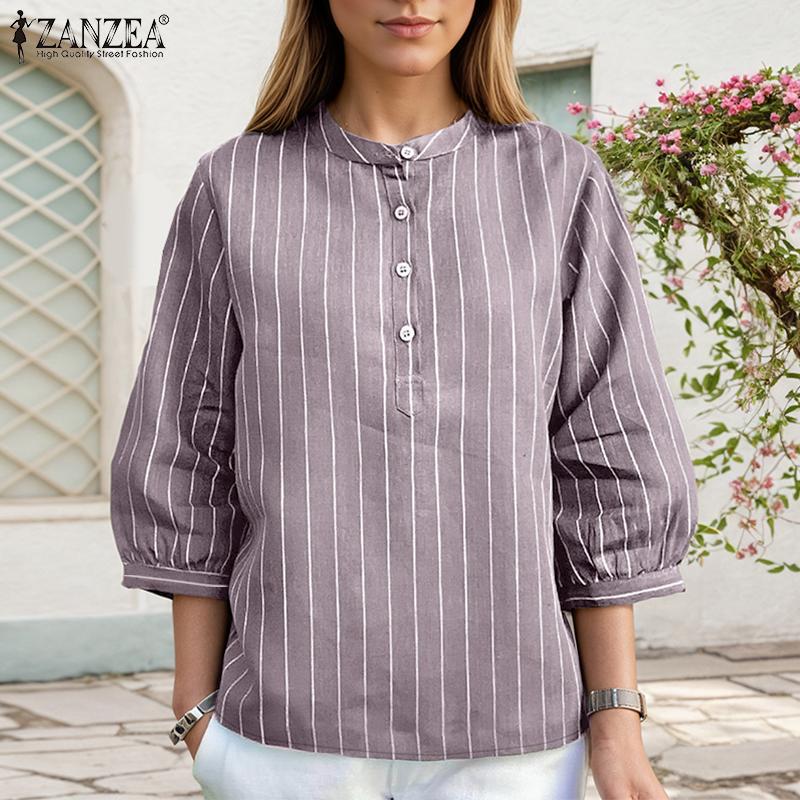 ZANZEA Women Casual Stand Collar Loose 3/4 Sleeve Stripe Blouse
