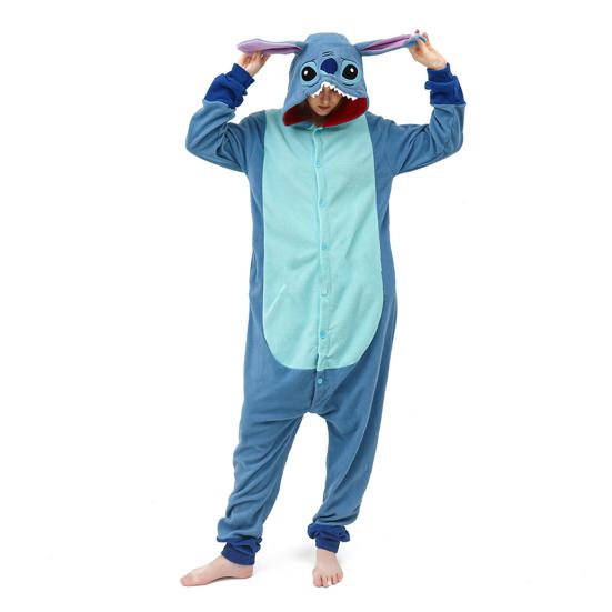 

Женская пижама с героями мультфильмов, плотный флис, застежка на пуговицы, глубокий шаговый шов, длинные рукава, капюшон, декор в виде ушей, зимняя одежда для сна, наряд для косплея на вечеринку L синий