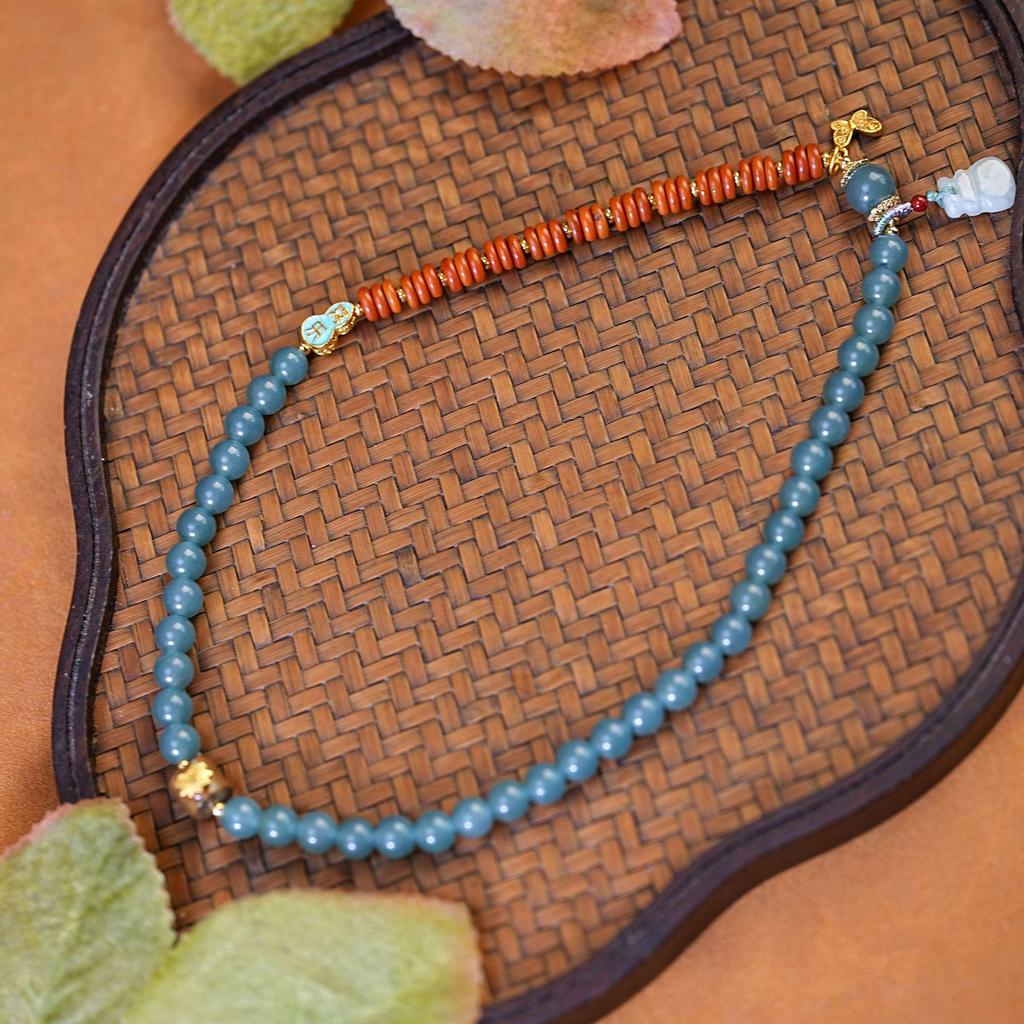 Blue Jade Gourd Pendant Bracelet - Women's Retro Chalcedony Beaded Jewelry