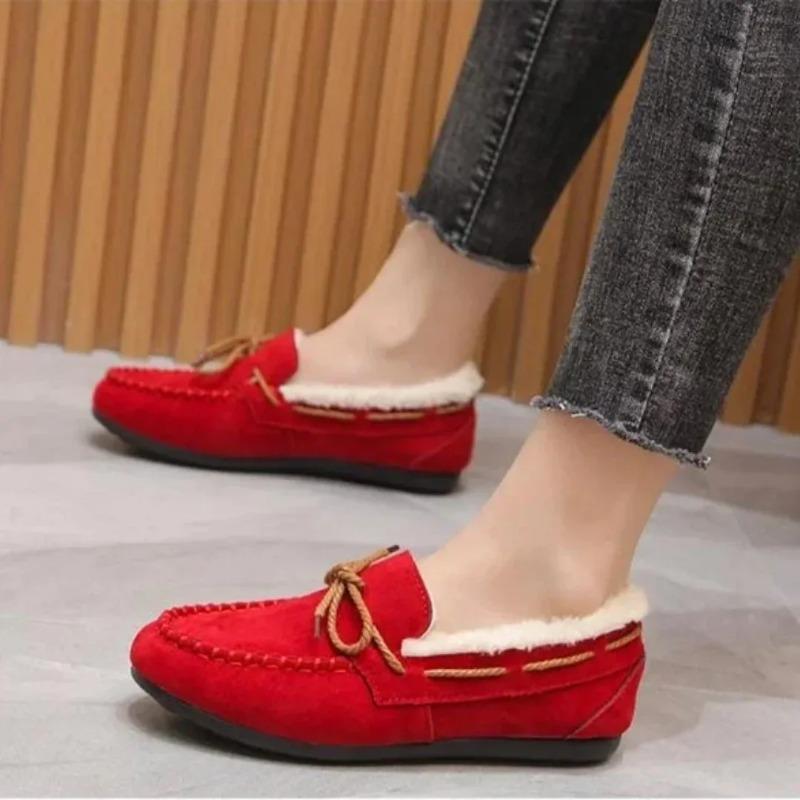 2026 Winter Women's New Bean Shoes Fashionable, Comfortable, Warm, Plush Bow Women's Cotton Shoes Casual Non Slip Flat Shoes