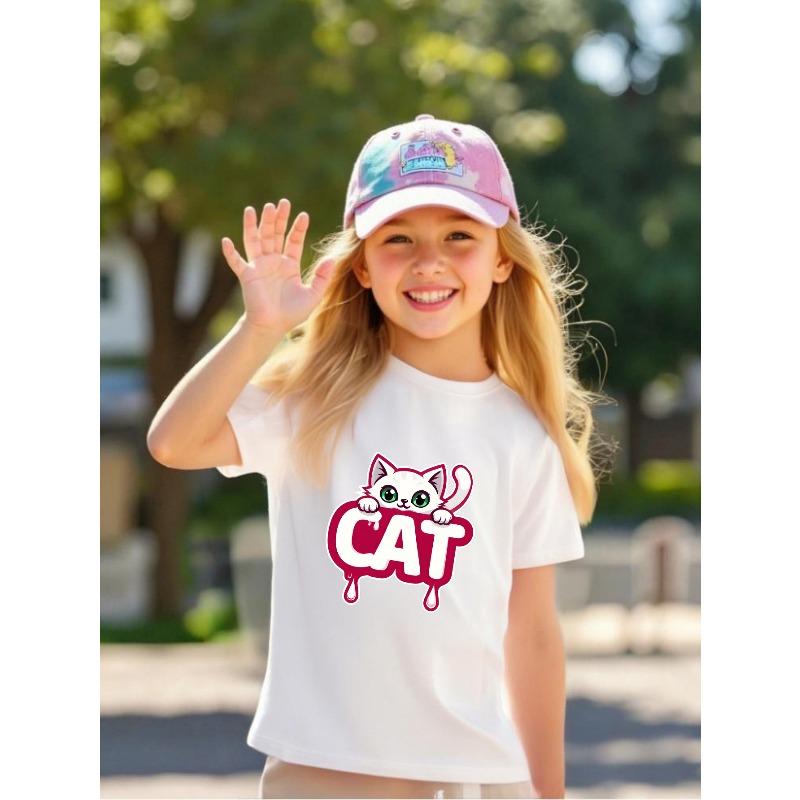 European sizes Girls Summer Cartoon Cat Print T-Shirt, Cute White Cat with CAT Lettering Short Sleeve, Casual Breathable Top, Girls Crew Neck 110 белый