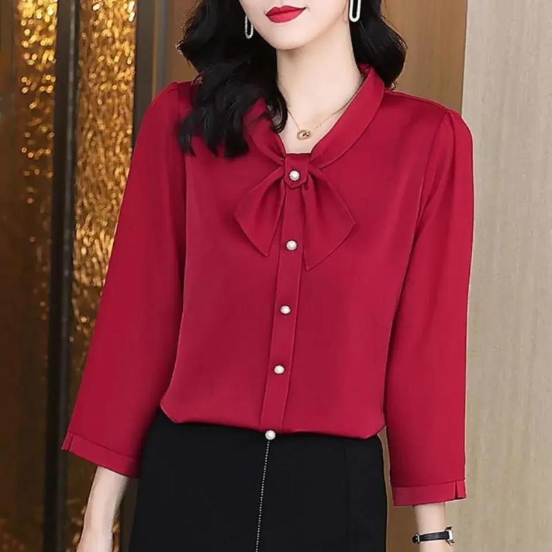 Fashion Classic Solid Color Single-breasted Blouse Women Long Sleeve Temperament Scarf Collar Slim Office All-match Lady Shirt