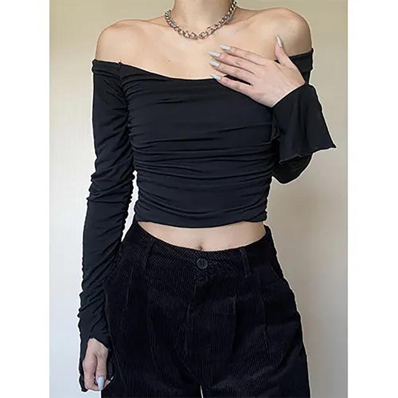 Spring Fall Vintage Sexy Slim T-Shirts Women Harajuku Kawaii Solid Tops Gilr's Korean Fashion Casual Off Shoulder Blouses