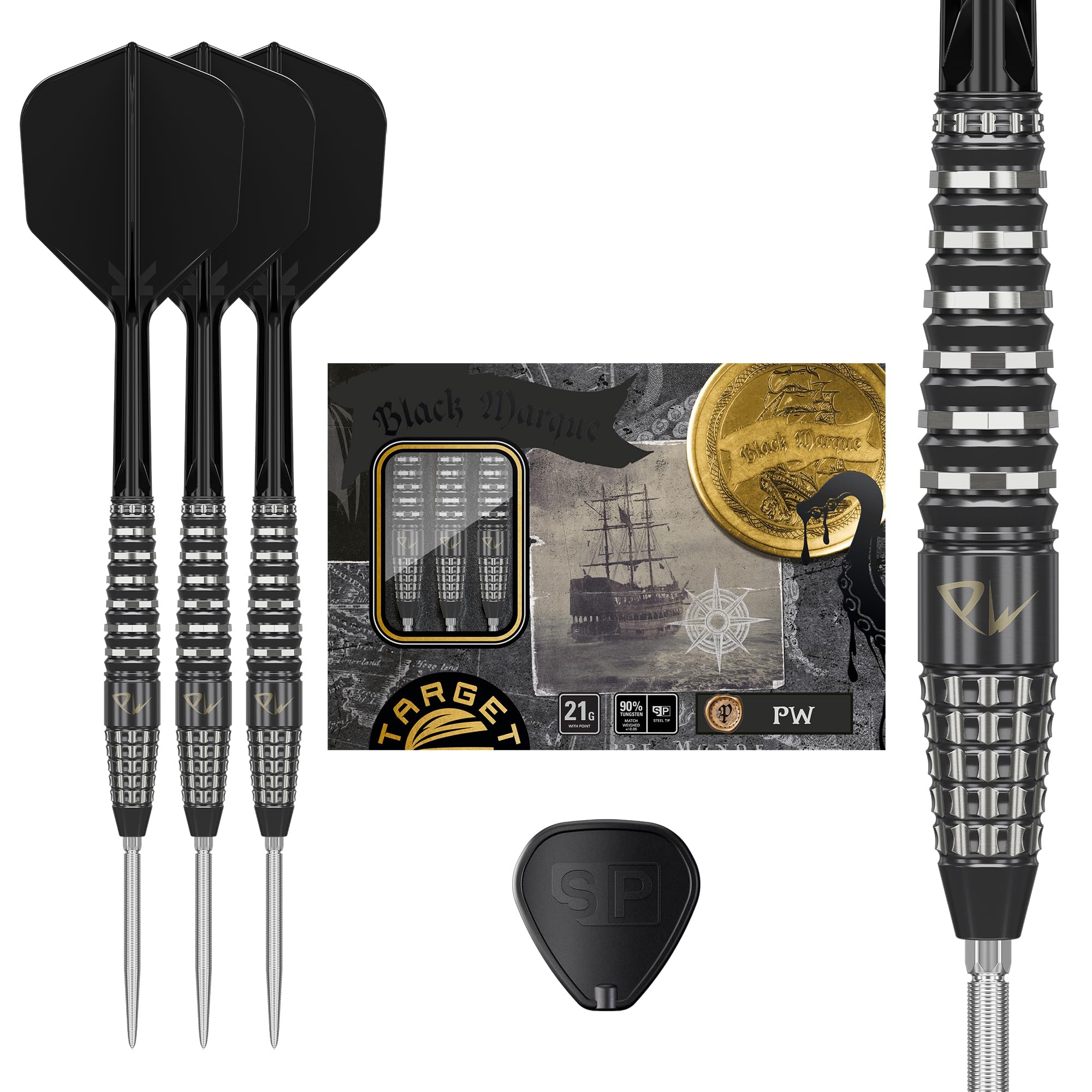 

Target Japan BLACK MARQUE LITE PW SP STEEL TIP DARTS Pwai Tungsten Steel Tip Darts 21G 6 Shape Flights and Swiss Silver Nano Point 30mm 90% (Tan Wei) чёрный