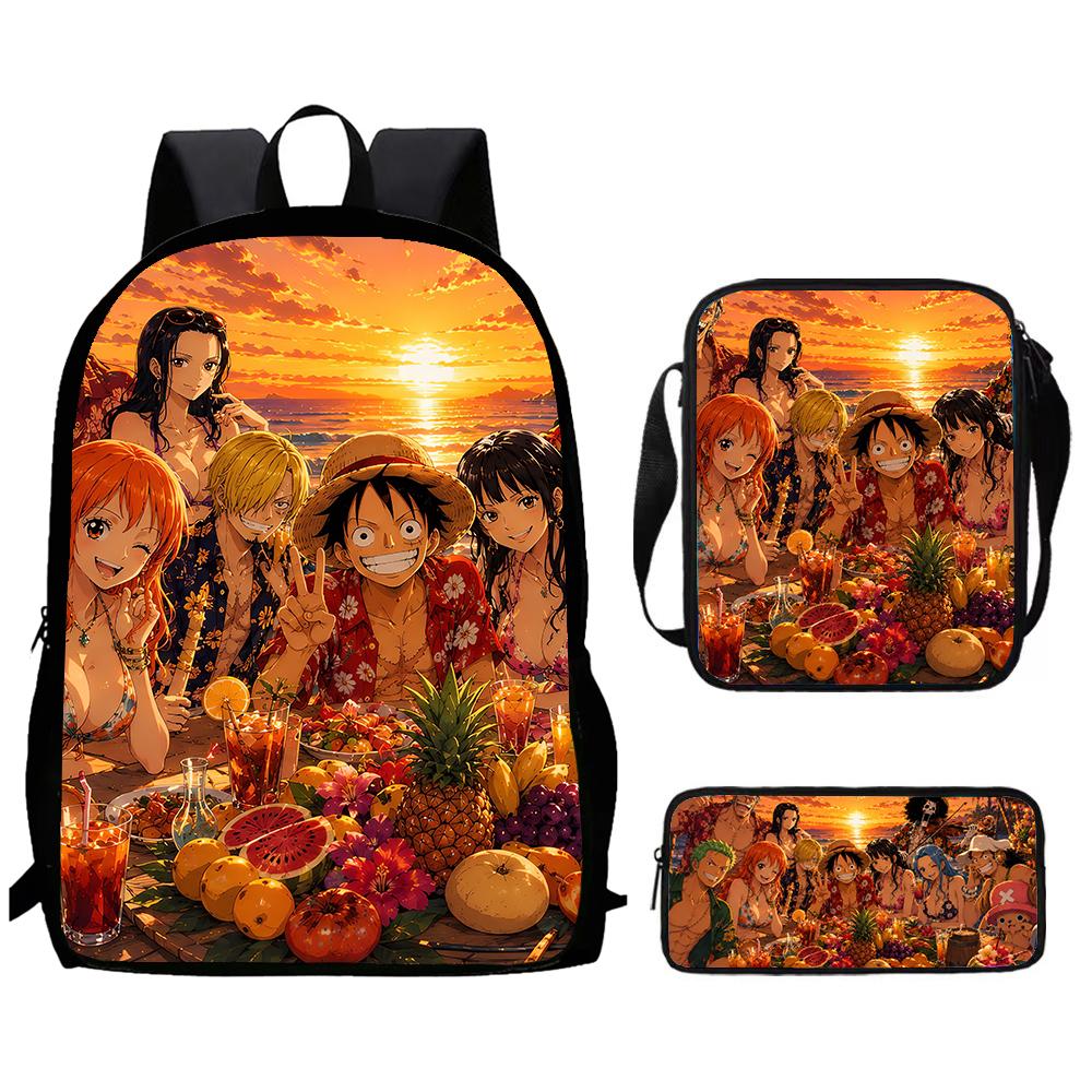 Cartoon One Piece 3pcs Lightweight Durable School Backpack with Crossbody Bag Pencil Case for Boys Girls Age 6-10 Primary School