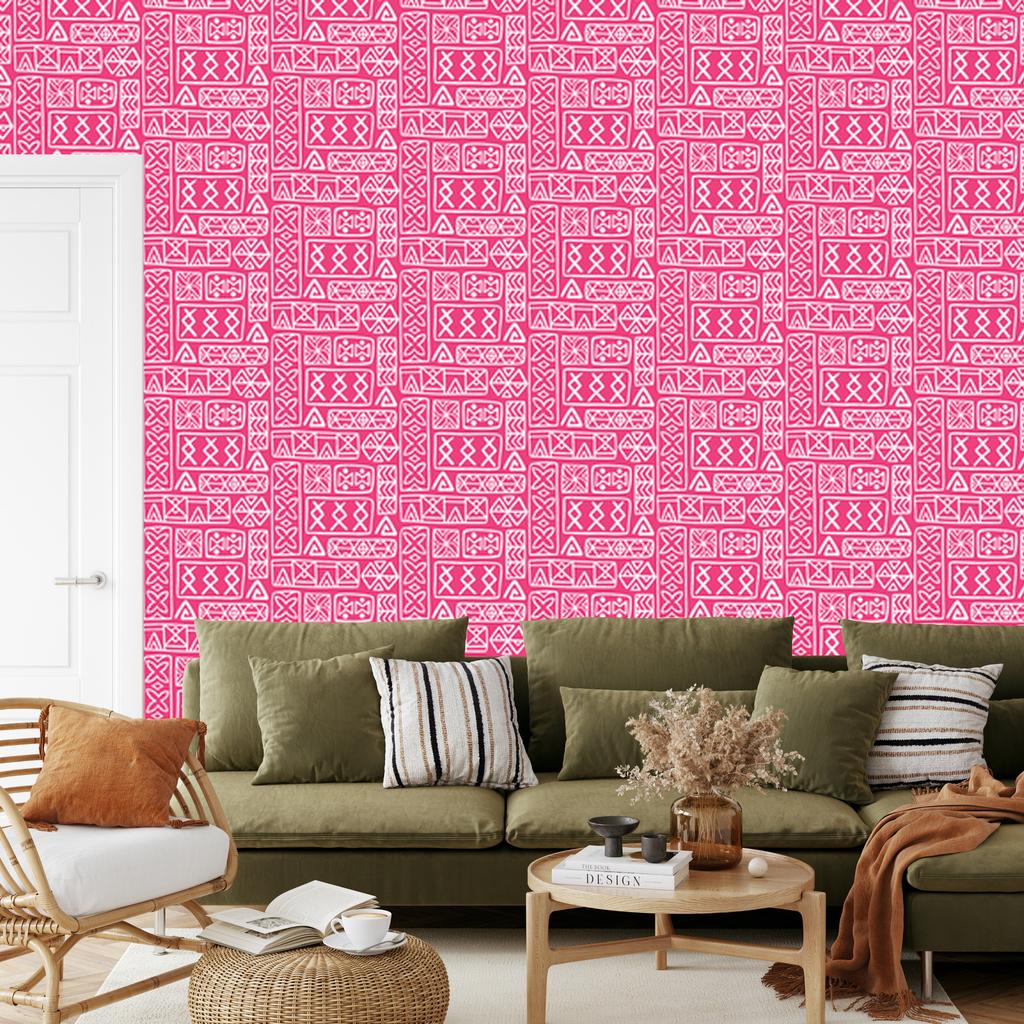 Polynesian Geometric Pattern Wallpaper Powder Pink and Rose 50x1000