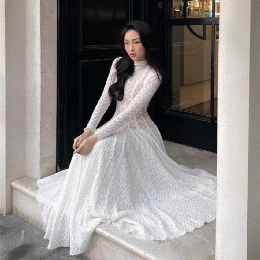 Spot - Spring and Summer Explosive Temperament Solid Color Stand-Up Neck Long Sleeve Lace Dress Umbrella Dress Long Dress