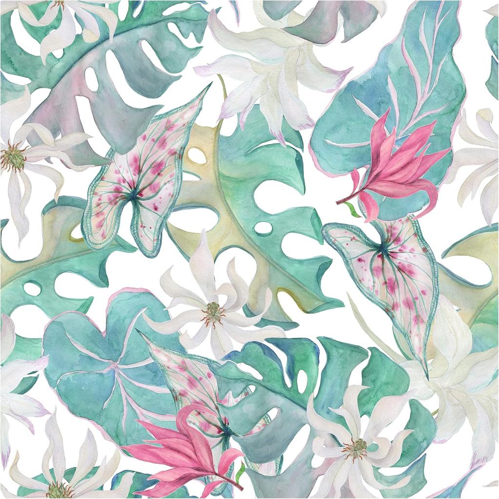 Blooming Wall DPYA26 Tropical Leaves and Flower In Elegant Color Match Peel and Stick Wallpaper Self-Adhesive Prepasted Wallpaper Wall Mural