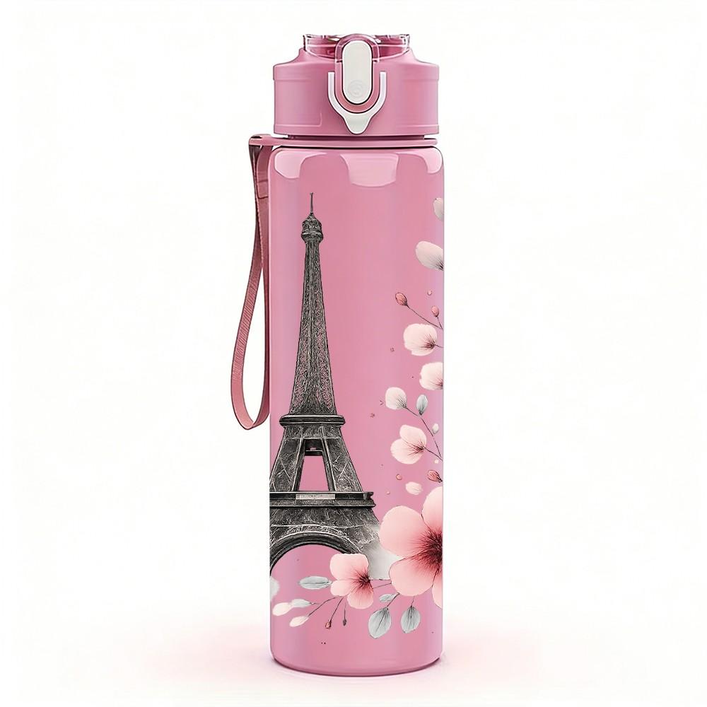 1PC Eiffel Tower Paris Floral 750ml Color Plastic Sports Water Bottle Leakproof Flip Straw Lid Suitable for Sports Office Home Use