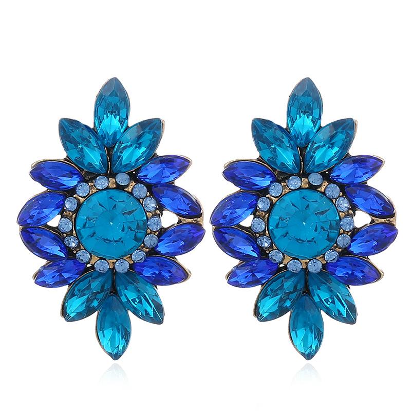 Boucles d'oreilles européennes et américaines rétro mode color block fleur cloutées cristal pierre gemme