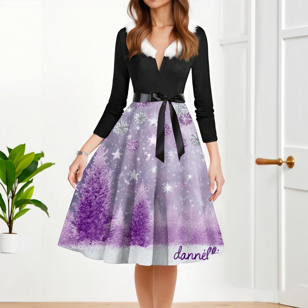 Women's Fashion Round Casual Slim Fit Christmas Print Large Swing Long Sleeve Dress