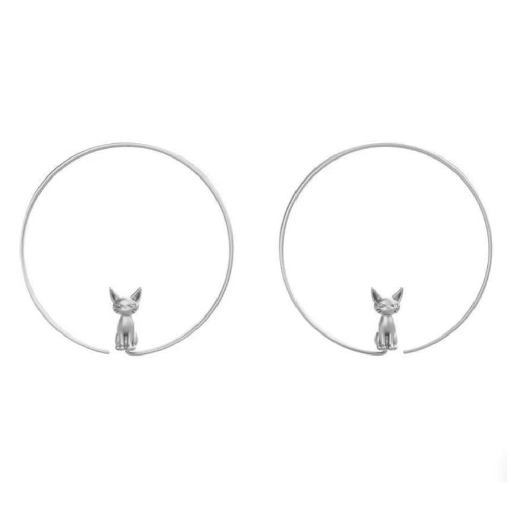 Exquisite Creative Cartoon Stereo Sliver Color Kitten Cat Big Hoop Earring for Women Personality Cute Animal Pets Jewelry Gift