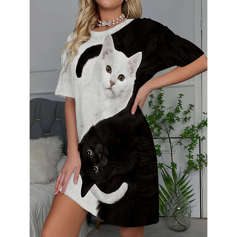 3D Cat Printed Casual Versatile Fashion Women's Summer Dresses High-quality Comfortable Lightweight Mid Length Dress
