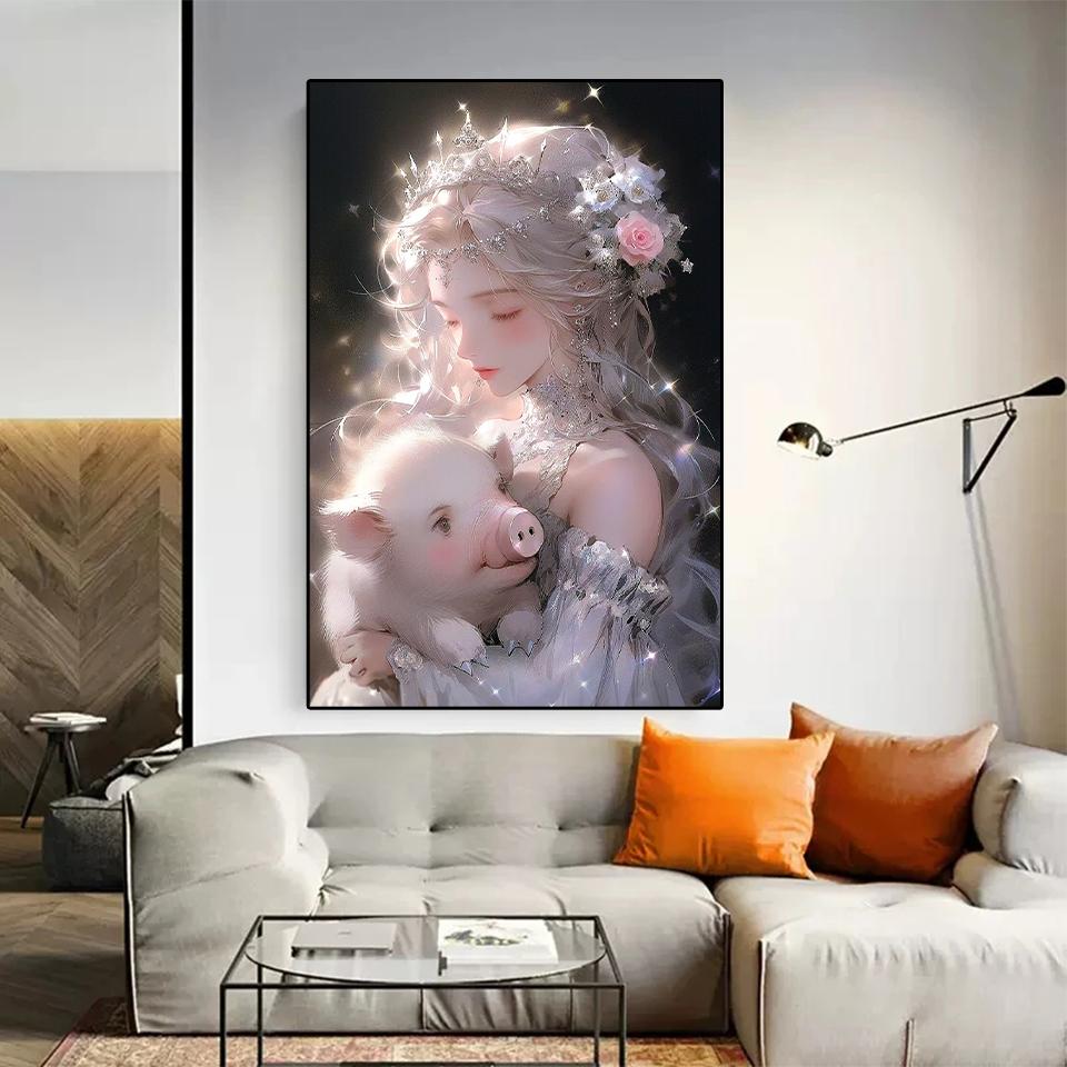 Diamond Painting Embroidery of the Zodiac and Anime Fairy Portrait Set 5DDIY Colorful Dragon, Rabbit, and Pig Home Decoration