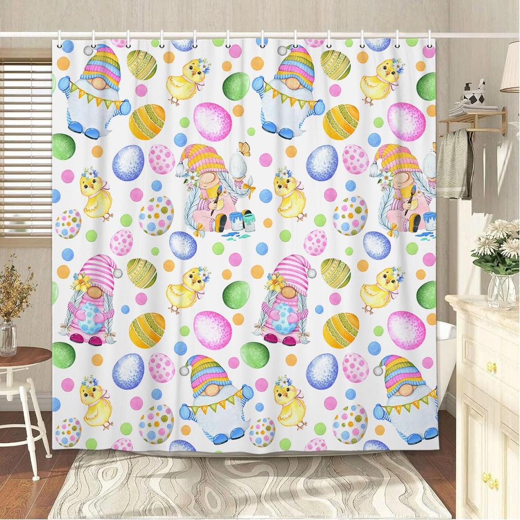 Easter Shower Curtain Cute Gnome Happy Easter Bathroom Decor Set with Colorful Easter Eggs, Cloth Fabric Bathroom Decor Set with