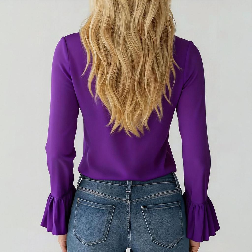 Ladies' Casual And Elegant Ruffle Edge  V-neck Bubble Sleeve Shirt