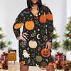 Women Plus Size V Neck Long Sleeve Fitted Straight Hem Dress Halloween Dachshund Printed White