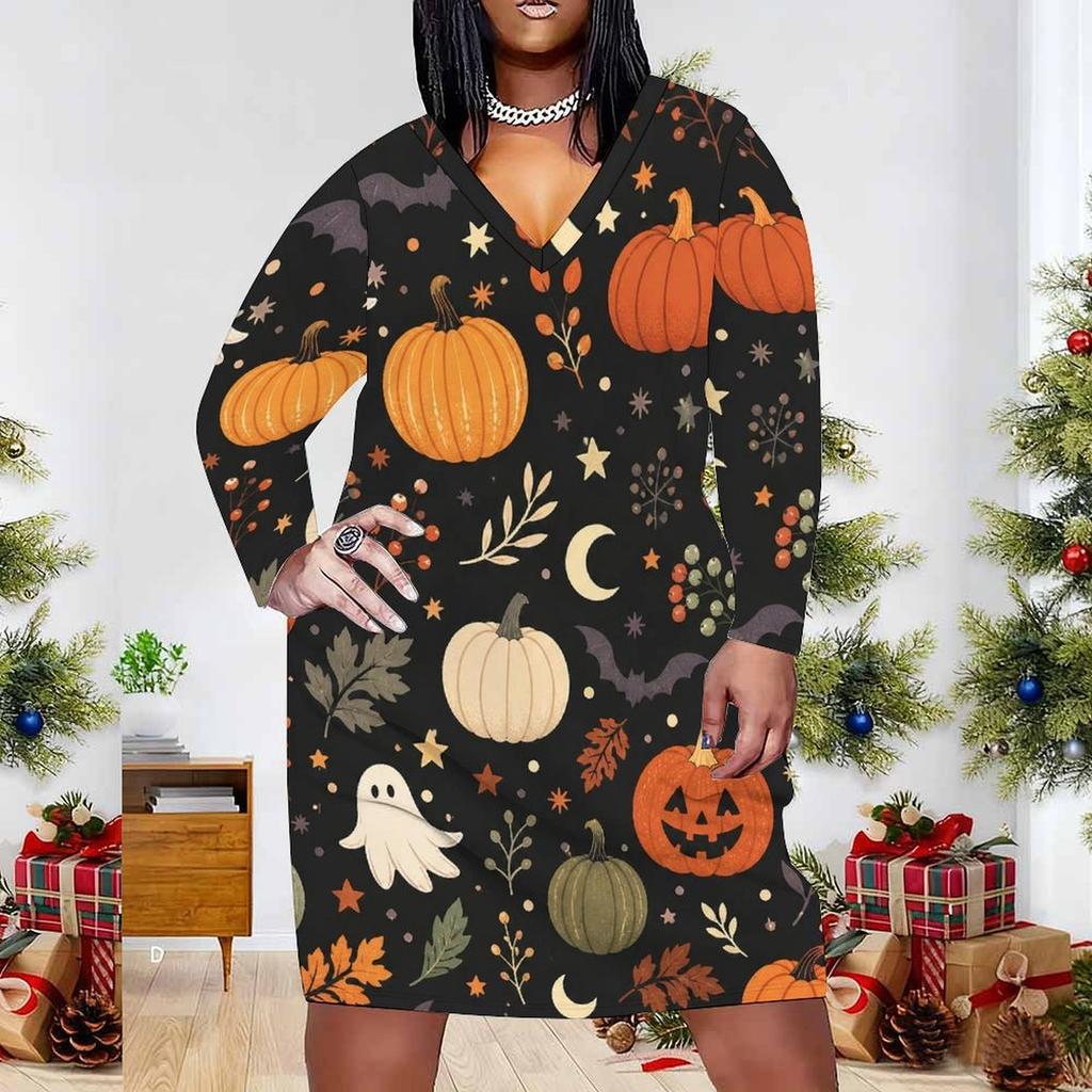 Women Plus Size V Neck Long Sleeve Fitted Straight Hem Dress Halloween Dachshund Printed White
