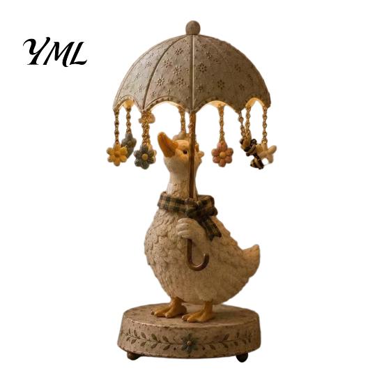 Cute Animal Sculpture Lamp Rotating Umbrella Lamp, Resin Holding Vintage Sculpture, Shape Bedside Light Tabletop Cat Dog Goose Figurine for