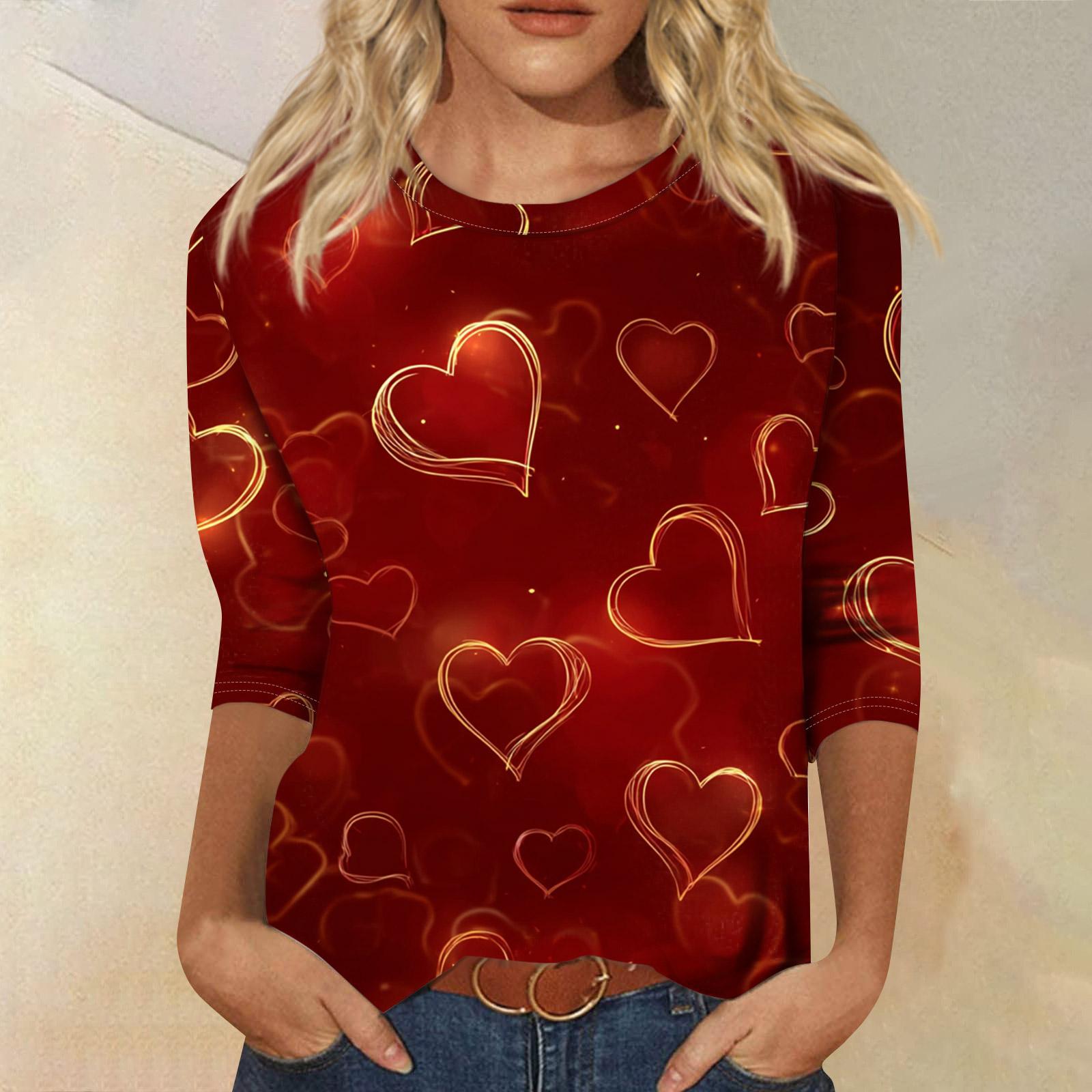 

Жіноча модна повсякденна вільна футболка з принтом і круглим вирізом з рукавом 3/4 XXXL винний