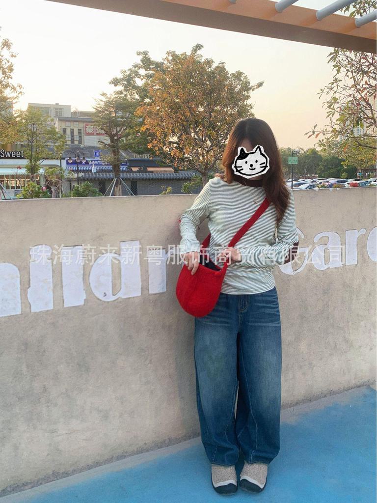 Women's Japanese Stripe Color Block High Collar Long Sleeve T-Shirt - Lazy Style, Light Blue (TX381)