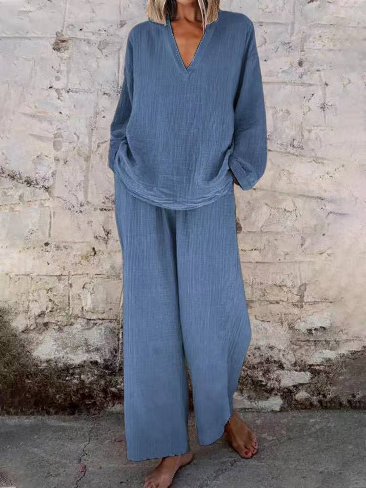 

Women s Light Pink V-Neck Top with Wide Leg Pants Casual Lounge Set 5XL море синього кольору