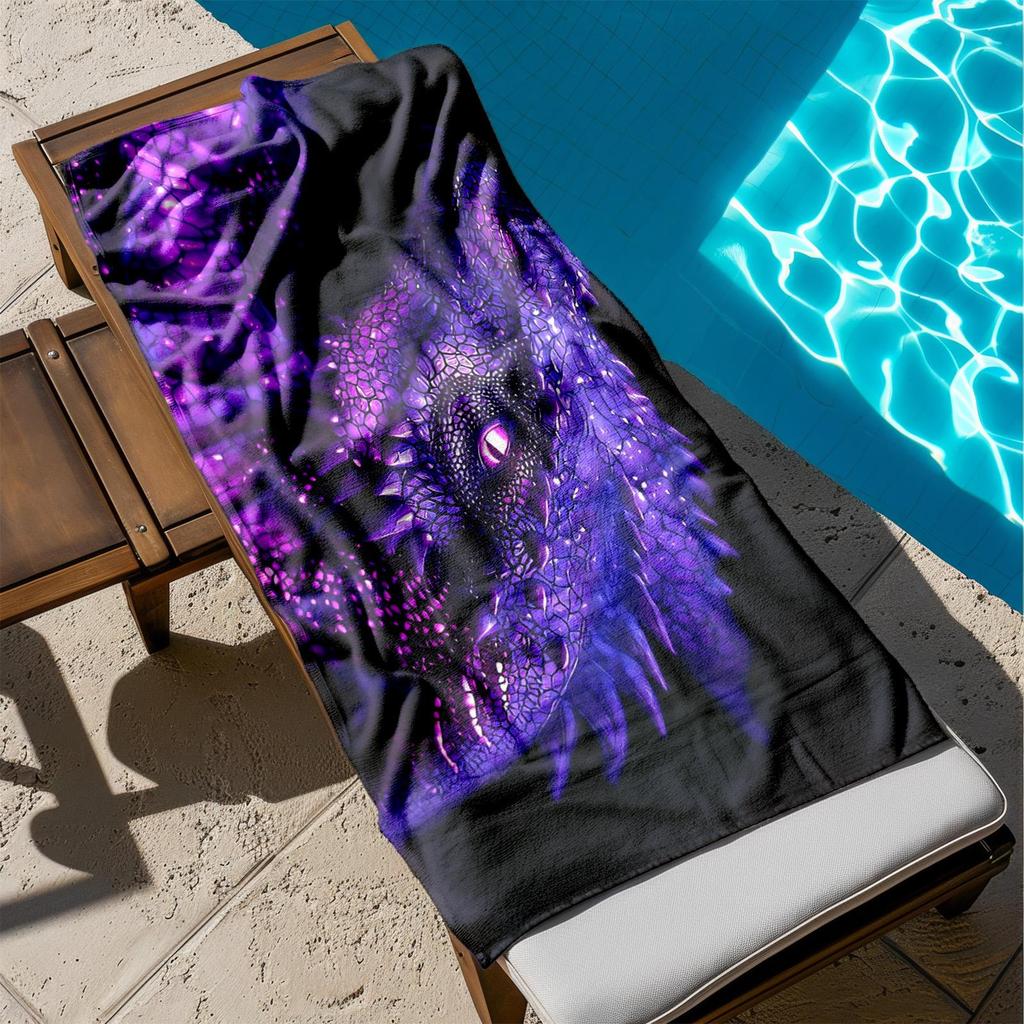 1pc Glowing Purple Dragon Fantasy Art 2D Printed Microfiber Beach Towel, quick dry super absorbent. Great for beach, pool