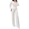 Formel Jumpsuit til Kvinder med Plisserede Lanterneærmer, Nedslået Krave, V-hals, Dekoration med Rhinestone-spænde, Vide Ben